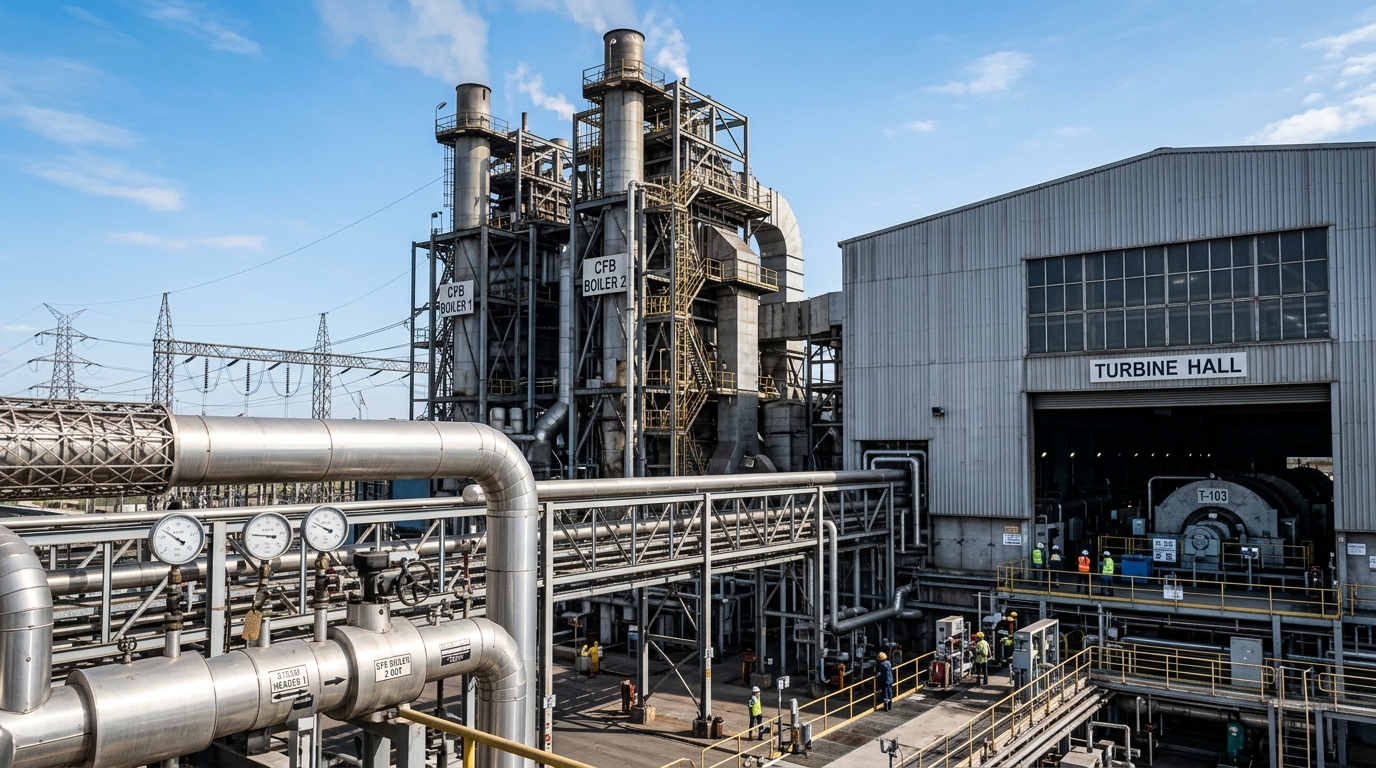 Industrial captive thermal steam power station and turbine hall with high-pressure steam distribution